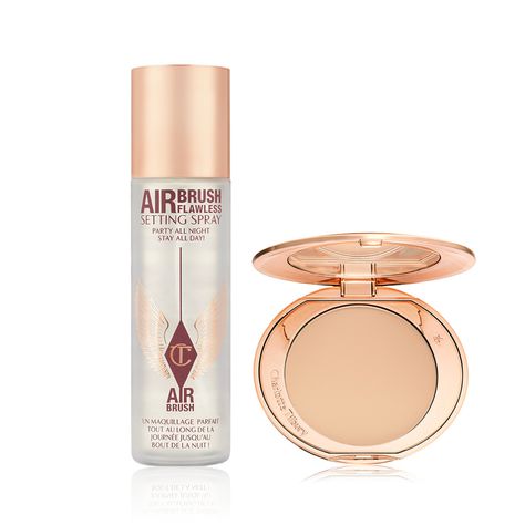 Save 10%: Airbrush Flawless Finish + Set Duo | Charlotte Tilbury Charlotte Tilbury Setting Spray, 60s Inspired Makeup, Hydrating Setting Spray, Charlotte Tilbury Airbrush Flawless, Classic Eyeliner, 60s Makeup, Face Kit, Makeup Shades, Makeup Powder