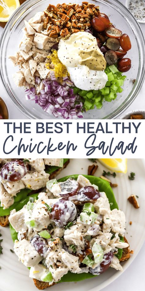 This healthy chicken salad recipe is the ideal choice for a quick and nutritious lunch or snack! It's loaded with protein with the perfect blend of creaminess, crunch, and flavor. By substituting Greek yogurt for most of the mayo, we've crafted a lighter version of the traditional chicken salad. This modification not only reduces the calorie count but also amps up the protein content, ensuring you enjoy all the classic tastes of your favorite chicken salad in a healthier way. Chicken Salad With Greek Yogurt, Healthy Chicken Salad Sandwich, Easy Chicken Salad Recipe, Balanced Lunch, Healthy Chicken Salad Recipe, Chicken Salad Recipe Easy, Easy Chicken Salad, Grape Recipes, Weeknight Recipes