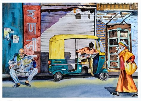 A ecstatic visual of a morning in the historical city of Banaras. Premium  Watercolor on 300 GSM cannon watercolor paper. Watercolor Painting For Competition, 3 Human Figure Composition Painting, Indian Composition Painting, Simple Composition Painting, 3 Figure Composition Painting, Daily Life Illustration Drawings, Watercolor Painting Composition, Picture Composition Painting, Composition Watercolor Painting