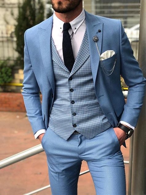 Men Suits Pattern, Suits With Vest For Men, Mens Wedding Suits Blue, Mens Blue Suit Outfit Wedding, Mens Blue Suits Wedding, Men’s Blue Suit Ideas, Men’s Blue Suits, Patterned Wedding Suit, Men’s Wedding Suits Blue