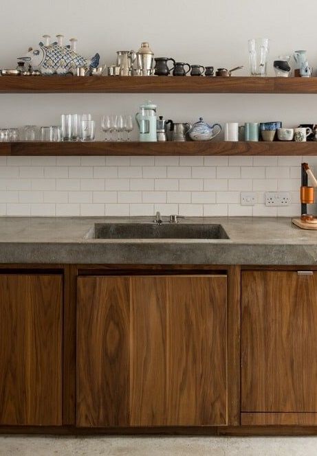 Kitchen With Walnut Cabinets, Concrete And Wood Kitchen, Kitchen Concrete Floor, Kitchen Countertops Concrete, Walnut Kitchen Cabinets, Concrete Countertops Wood Cabinets, Concrete Countertops Kitchen Diy, Wood Countertops Kitchen, Kitchen Concrete