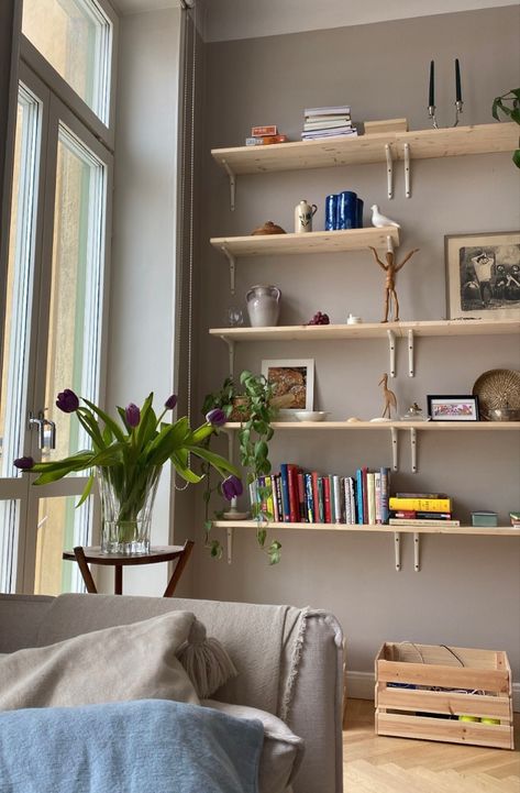 Burhult Shelf Ideas, Wall Length Shelf, Reclaimed Shelves, Ikea Shelf, Ikea Inspiration, Terrazzo Floors, Ikea Shelves, Living Room Shelves, Cozy Room Decor