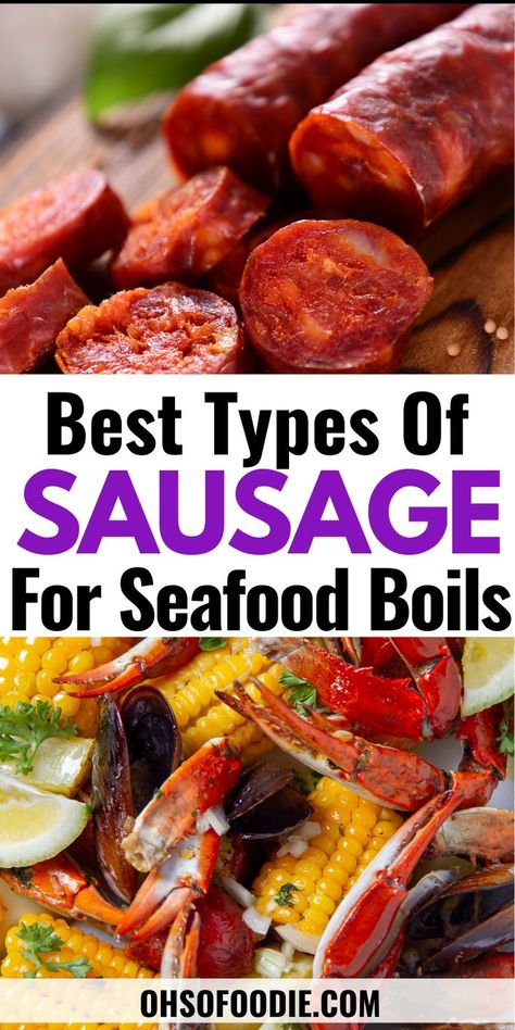 The text reads, Best Types Of Sausage For Seafood Boil Seafood Boil Recipes Cajun, Veg Noodles Recipe, Crab Boil Recipe, Low Country Boil Recipe, Shrimp Boil Party, Seafood Boil Recipe, Seafood Broil, Seafood Boils, Cajun Seafood Boil