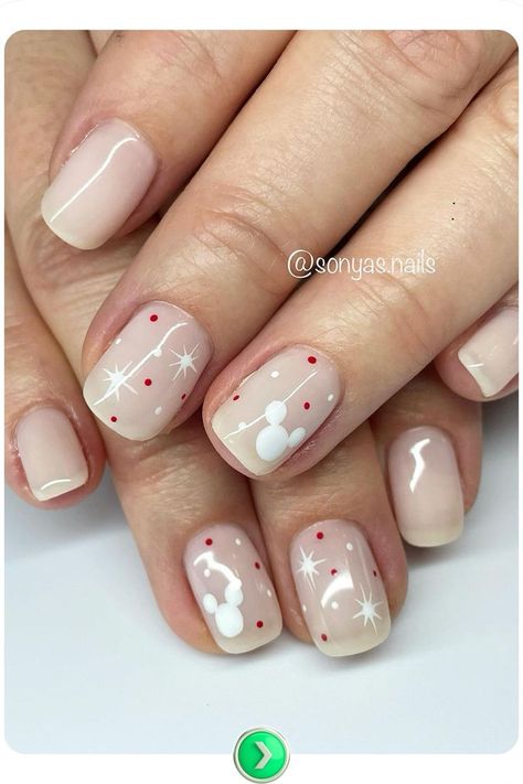 Neutral-toned nails with delicate Mickey snowflakes. A subtle and elegant Disney Christmas design for both formal events and cozy gatherings. Disney New Years Nail Designs, New Years Nail Designs For Kids, Simple Toy Story Nails, Gel Nail Designs Disney, Mickey Mouse Manicure, Star Wars Christmas Nails, Disney Nails New Years, Disney Nails Natural, Disney Christmas Nails Simple