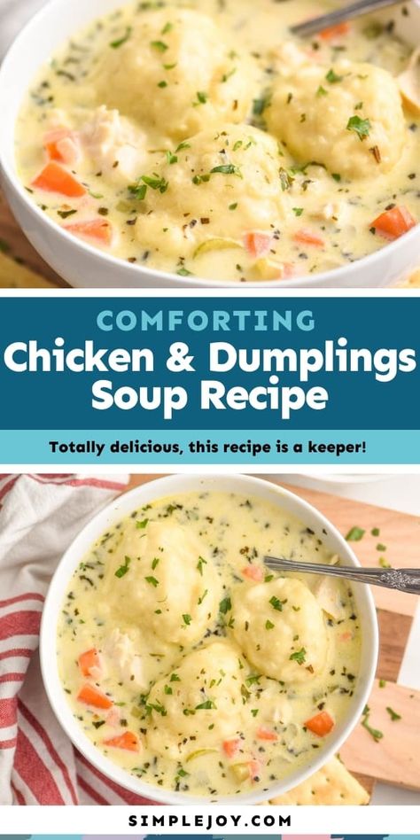 Chicken and Dumplings is such a perfect comforting meal. This will become a treasured recipe that you come back to over and over. Chicken Snd Dumplings, Easy Chicken Dumpling Recipes, Creamy Chicken And Dumplings, Chicken N Dumplings, Chicken Dumpling, Chicken Dumpling Soup, Chicken Dumplings Recipe, Homemade Chicken And Dumplings, Crockpot Chicken Breast