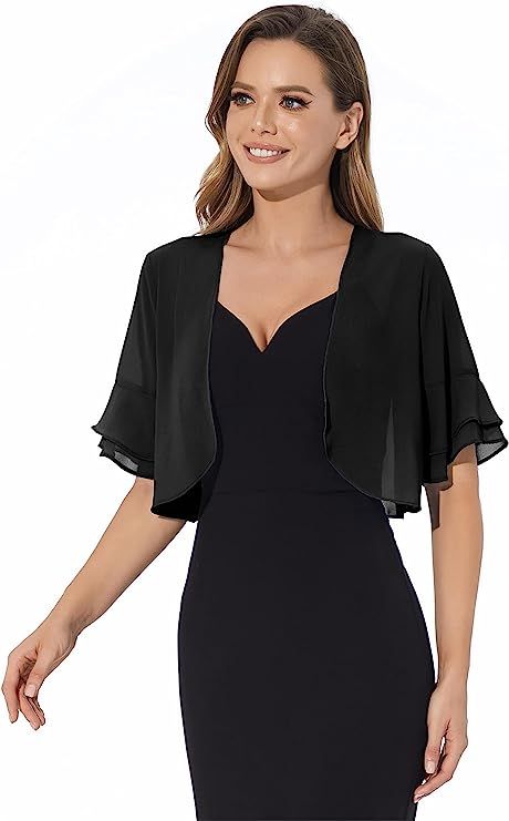 Amazon.com: Women Shrug Soft Chiffon Open Front Sheer 3/4 Sleeve Bolero Cardigan for Evening Dress(Black,M) : Clothing, Shoes & Jewelry Women Shrug, Evening Dress Black, Sleeve Bolero, Black Shrug, Black Spaghetti Strap Dress, Bolero Cardigan, Black Spaghetti Strap, Black Evening Dresses, Spaghetti Strap Dresses