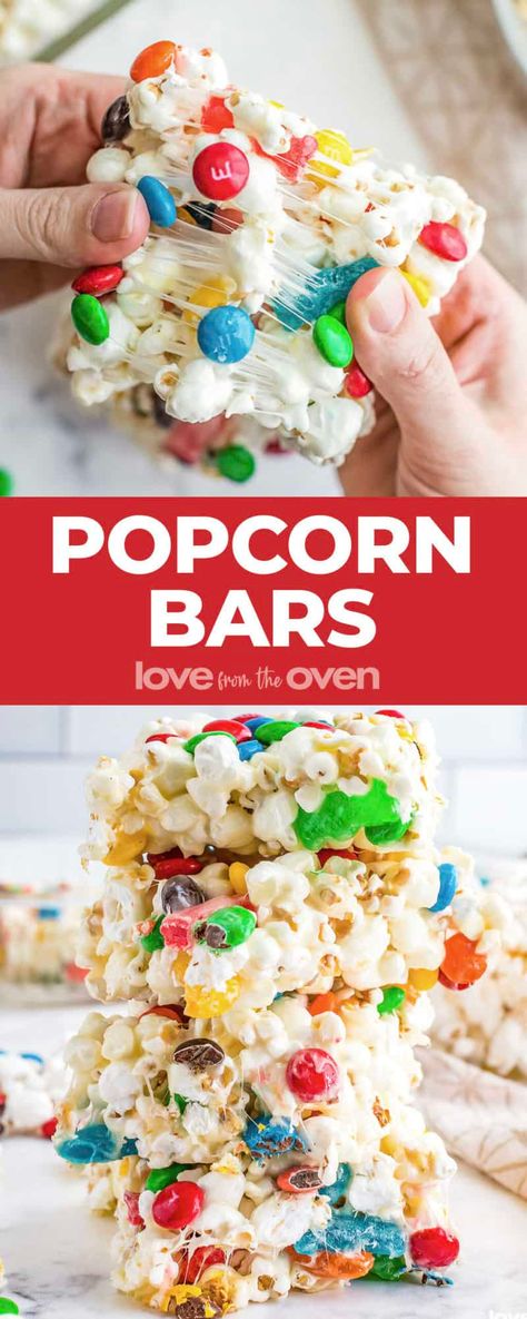 Popcorn Bars • Love From The Oven Popcorn Bars Recipes, Popcorn Marshmallow Treats, Popcorn Bar Ideas, Chex Mix Recipes Christmas, Popcorn Bar Recipes, Popcorn Business, Popcorn Ball, Sweet Or Salty, Popcorn Balls Recipe