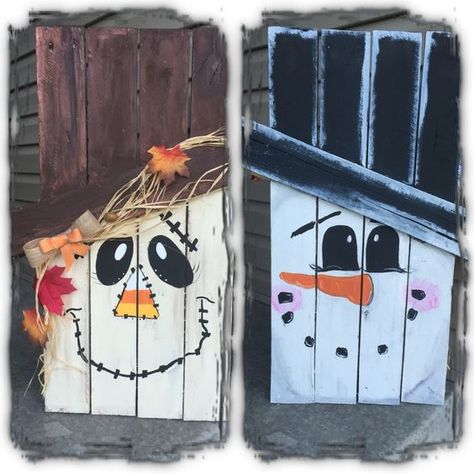 How to make a 2-sided pallet scarecrow/snoman Pallet Scarecrow, Snowman Diy, Pallet Christmas, Wooden Boards, Pallet Crafts, Pallet Painting, Fall Projects, Pallet Art, Snowman Crafts