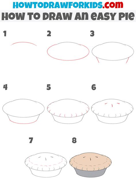 Easy Desserts Drawing, How To Draw Desserts Step By Step, Step By Step Food Drawings, Pie Drawing Easy, How To Draw A Pie, Pie Sketch, Pie Doodle, How To Draw Cookies, How To Draw Desserts