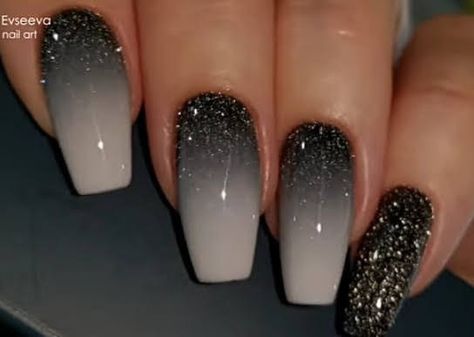 Black And Silver Sparkle Nails, Dark Wedding Nails For Bride, Black And Silver Ombre Nails, Nails To Go With A Black Dress, Umbre Nails, Silver Sparkle Nails, Black Ombre Nails, Solar Nails, Silver Nail Designs