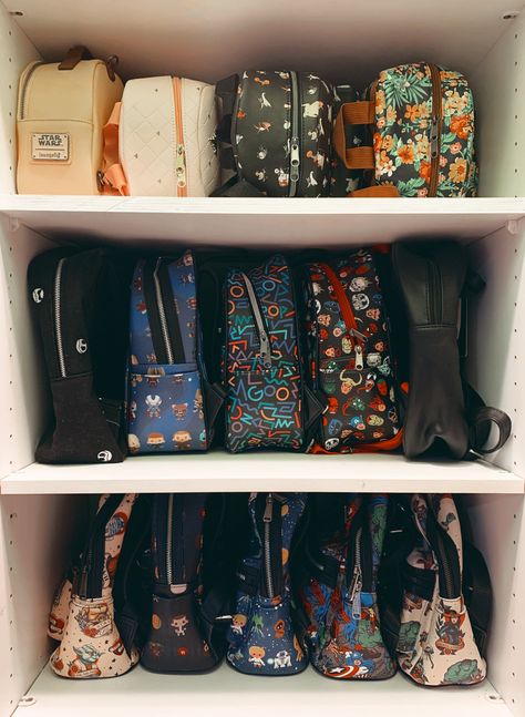 How many #loungefly bags are in your collection?  #disneystyle #minibackpack #bagstorage Mini Backpack Display Ideas, Mini Backpack Storage Ideas, Loungefly Bag Storage, Loungefly Mini Backpack Display Ideas, Loungefly Organization Ideas, Loungefly Backpack Storage, How To Display Loungefly Backpacks, Loungefly Bag Display Ideas, Loungefly Organization