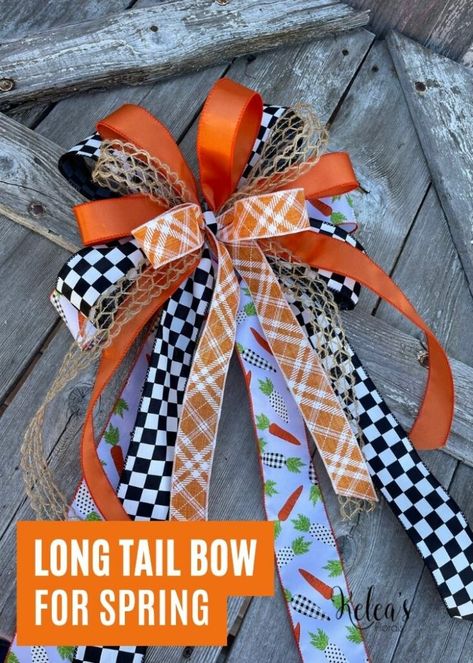 pin image with image of completed project and bold title that says "Long Tail Bow for Spring" Diy Seasonal Decor, Wreaths Videos, Bow Making Tutorials, Making Bows, Spring Projects, Bow Tutorial, Plaid Ribbon, Ribbon Work, Pin Image