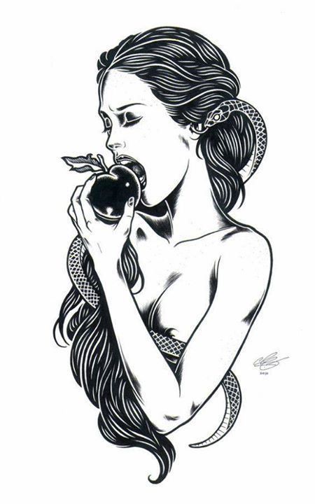 #Snakey: Eve Tattoo, Apple Tattoo, Kunst Tattoos, Type Tattoo, Geniale Tattoos, Tree Tattoo, Adam And Eve, Black And White Drawing, Black And White Illustration