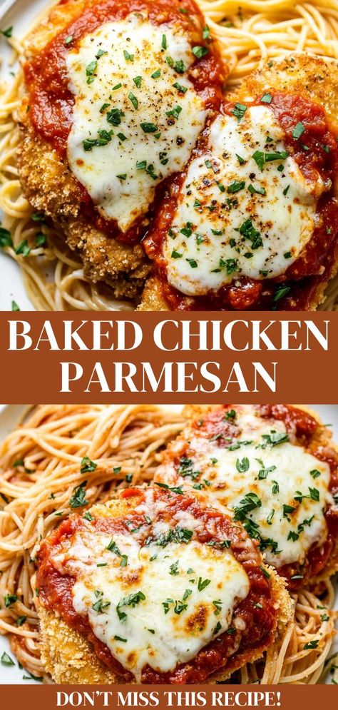 A plate of crispy chicken parmesan topped with melted cheese and served alongside spaghetti marinara. Chicken Parm Breading, What Goes With Chicken Parmesan, Chicken Parm Tenders, Homemade Recipes Dinner, Chicken Parm Dinner, Chicken Parm Pasta, Parmesan Fettuccine, Easy Chicken Parm, Best Chicken Parmesan Recipe