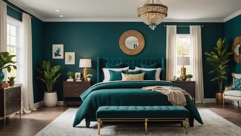 10 Tips to Create a Stunning Dark Teal Bedroom - DexDecor Peacock Blue Bedroom Walls, Teal Color Bedroom Ideas, Teal Bedroom Accent Wall, Teal Wall Bedroom Ideas, Peacock Bedroom Ideas, Teal Bedroom Accents, Teal Wall Bedroom, Dark Teal Curtains, Accent Wall Bedroom Wallpaper