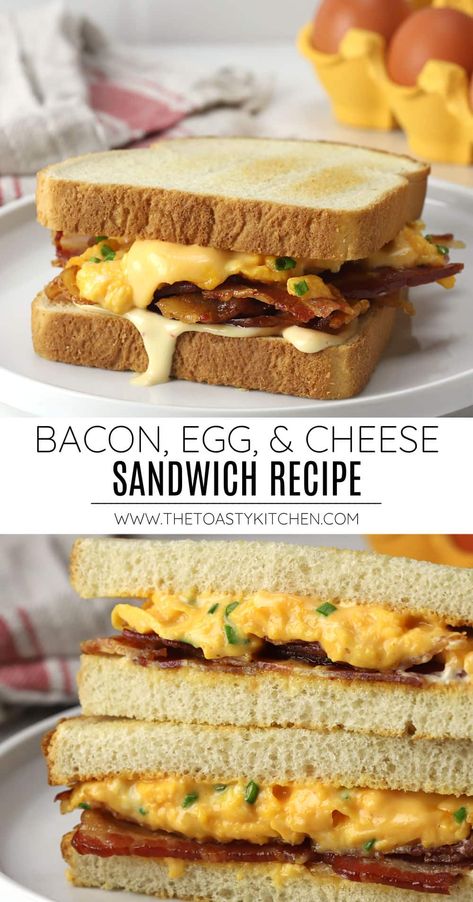 Bacon, egg, and cheese sandwich recipe by The Toasty Kitchen. Make a bacon, egg, and cheese sandwich for any meal of the day - breakfast, lunch, or dinner. It's a comfort food classic that's not only easy to prepare, but filling and hearty. #becsandwich #baconeggcheesesandwich #breakfast #lunch #dinner #dinnerideas #comfortfood #recipe Sausage Egg Cheese Sandwich, Bacon And Egg Breakfast Sandwich, Bacon Egg Cheese Sandwich, Eggs And Bacon Recipes, Bacon Sandwich Breakfast, Bacon Breakfast Ideas, Egg And Bacon Sandwich, Sandwiches Board, Bacon Egg Sandwich