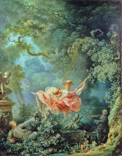 Inside a lush garden, a young woman in a billowing pink gown glides through the air. Her suspension high above the ground is enabled by a swing consisting of a crimson velvet cushioned seat and a pair of ropes tied around the knobby branches of an enormous tree. On the far right, an older man seated on a stone bench helps operate the device. As he releases the ropes, she leans back and extends her legs, expelling a tiny pink slipper from her pointed foot. Somebody Come Get Her, Victorian Paintings, Rennaissance Art, Classic Paintings, Victorian Art, Historical Art, Old Paintings, The Swing, Romantic Art