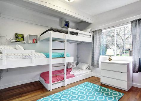 Shared kids bedroom with built in bunk beds and colorful bedding Sister Bedroom Ideas Shared Rooms, Sister Bedroom Ideas, Shared Room Ideas, White Girls Bedroom, Contemporary Kids Bedroom, Bunk Bed Designs For Teens, Boy And Girl Shared Room, Sister Bedroom, Bed For Girls Room