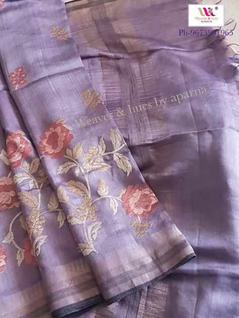 Muga silk Saree with embroidery. Contact -Weaves & hues by Aparna on 9673991965  #handloom #sarees #silk #handwoven #embroidery Muga Silk Saree, Muga Silk, Concrete Staircase, Banaras Sarees, Saree Floral, Bamboo Decor, Cotton Saree Designs, Block Print Saree, Concrete Stairs