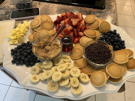 Charcuterie Masterclass! | Hi all! I just wanted to introduce myself and share my mini-pancake charcuterie board I made for brunch when my guests had little children Breakfast Themed Charcuterie Board, Mini Pancake Charcuterie Board, Breakfast Charcuterie Letters, Pancake Appetizer Mini, Pancake Charcuterie Board, Pancake And Waffle Charcuterie Board, Charcuterie Food, Charcuterie Board Ideas, Food Artists