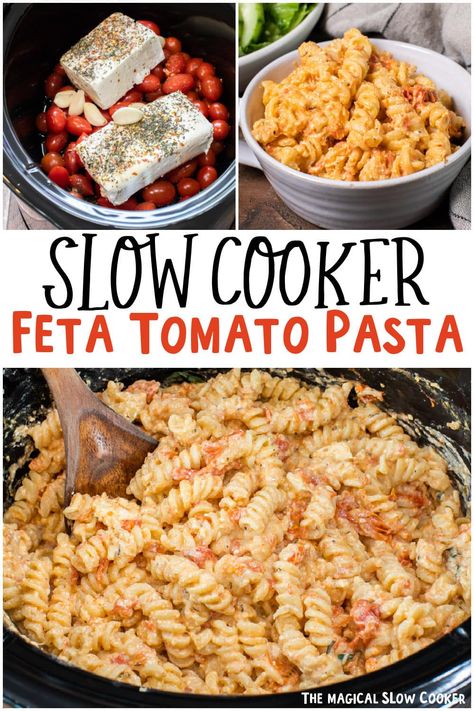 Have you seen the viral Tik Tok Feta and Tomato Pasta? Try my slow cooker version which has cream cheese and loads of other flavors. - The Magical Slow Cooker Crock Pot Feta Pasta, Crockpot Pasta Recipes No Meat, Tik Tok Crock Pot Recipes, Feta Crockpot, Tik Tok Crockpot Recipes, Slow Cooker Side Dishes, Feta And Tomato Pasta, Feta Tomato Pasta, Feta Tomato