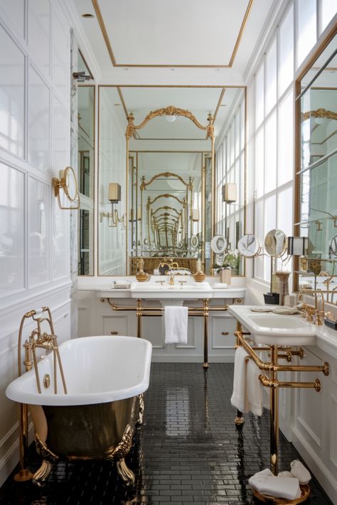 Luxurious bathroom with a gold-accented freestanding tub, large mirrors, and elegant fixtures. Gold Clawfoot Tub, White And Gold Bathroom Ideas, Gold Bathroom Ideas, Beverly House, White And Gold Bathroom, Kitchen Flooring Trends, Kitchen Tile Inspiration, Ensuite Bathroom Designs, Industrial Chic Kitchen