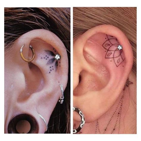 Ear Tattoos And Piercings, Chakra Ear Tattoo, Pretty Ear Tattoos For Women, Ear Piercing Tattoo, Ear Cuff Tattoos For Women, Small Inner Ear Tattoos For Women, Flower Ear Tattoo With Piercing, Spiritual Ear Tattoo, Simple Ear Tattoos For Women