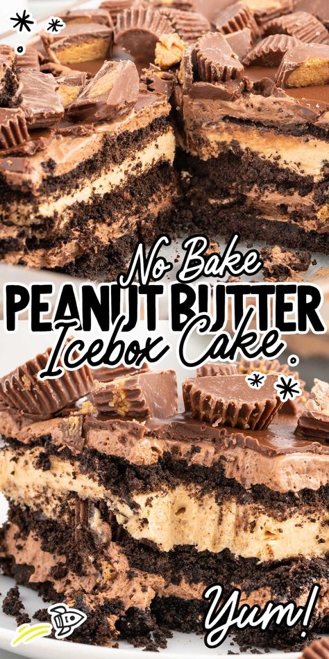 Peanut Butter Dirt Cake, No Bake Peanut Butter Eclair Cake, Resses Dessert Recipes, Freezer Cake Recipes, No Bake Desserts Recipes, Peanut Butter Eclair Cake, Reeses Peanut Butter Cake, Reeses Dessert, Peanut Butter Icebox Cake