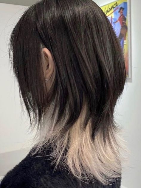 Wolfcut Two Color, Wolfcut With Hair Color, Peekaboo Wolfcut Hair, Wolfcut Color Ideas, Wolfcut Bleached Underneath, Layer Dyed Hair, Two Toned Hair Underneath Short, Wolfcut Hair Dye Ideas, Two Toned Hair Ideas