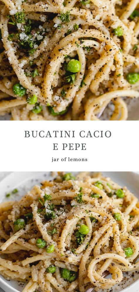 Two images of bucatini on a white plate. Busiati Pasta Recipes, Easy Bucatini Recipes, French Recipes Vegetarian, Pici Pasta Recipes, Fancy Dinner Recipes Vegetarian, Tagliatelle Recipe Vegetarian, Caccio And Peppe, Peas Pasta Recipe, Vegetarian Sunday Dinner