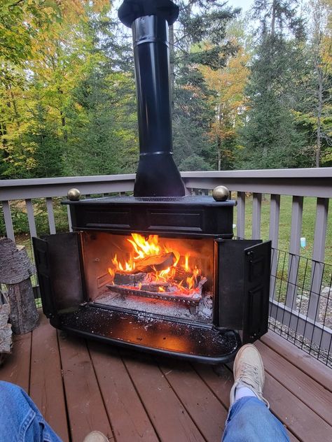 Wood Burning Stove On Deck, Wood Burning Stove On Porch, Chimnea Ideas, Chimnea Outdoor Patio Ideas, Chimnea Outdoor, Outdoor Wood Burning Stove, Seasonal Campsite, Bone Fire, Outdoor Wood Stove