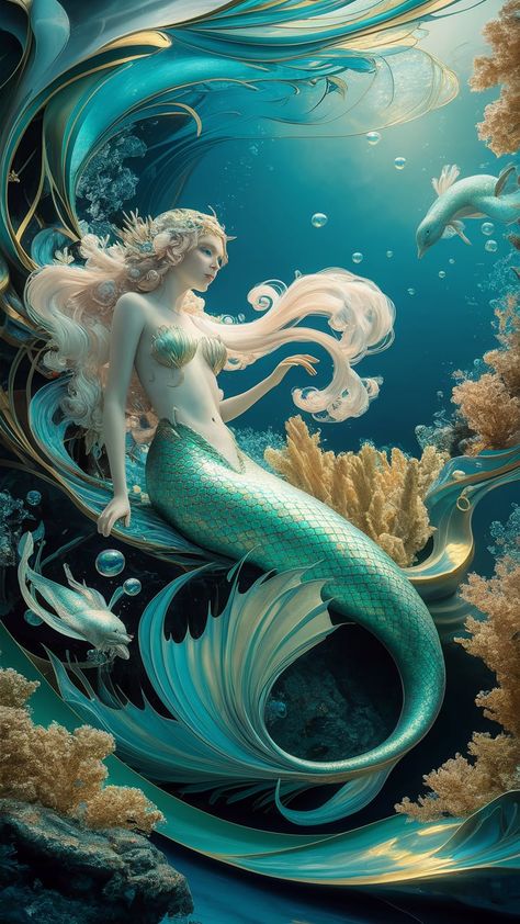 Dive into a mesmerizing underwater fantasy with this stunning mermaid wallpaper. Featuring an ethereal mermaid amidst a vibrant coral reef, this Art Nouveau-inspired artwork captivates with fluid lines and shimmering hues of blue, green, and gold. Surrounded by dreamlike marine creatures and delicate bubbles, this enchanting scene evokes tranquility and wonder. Perfect for anyone seeking serene decor and ocean-inspired art. Blue Mermaid Wallpaper, Mermaid Art Nouveau, Serene Decor, Ethereal Mermaid, Mermaid Underwater, Mermaid Wallpaper, Fantasy Wallpaper, Marine Creatures, Mermaid Artwork