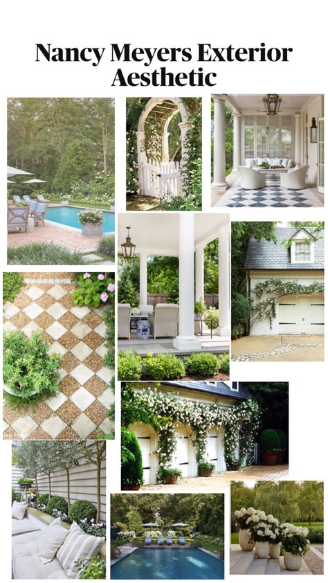 Nancy Meyers Outdoor Style Townhouse Patio Ideas, Townhouse Patio, Dutch Colonial Exterior, Nancy Meyers Home, Exterior Aesthetic, White Colonial, Cozy Backyard, Colonial Exterior, Nancy Meyers