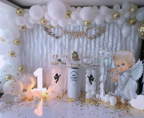 Heavenly Birthday Decorations, Christening Themes Boy, Angel Decorations Party, Angel Theme Birthday Party, Angel Birthday Theme, Top Kitchen Cabinets Decor, Christening Themes, Angel Baby Shower, Top Kitchen Cabinets