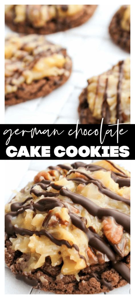 German Chocolate Cake Cookies German Chocolate Cookies Bars, Individual German Chocolate Cake, German Chocolate Cake Bars, Cookie Tin Cake, German Chocolate Pound Cake Recipes, German Chocolate Desserts, Colossal Cookies, German Chocolate Cake Cookies, Desert Board