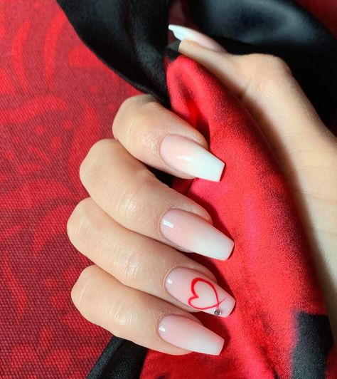 Valentine’s Day Ombre Nails, Pink And White Ombre Valentine Nails, French Ombre Valentines Nails, Ombré Nails With Heart, Ombre Nails With Heart Design, Ombré Valentines Nails, Ombre Nails With Heart, Valentines Ombre Nails, Ombre Valentines Day Nails