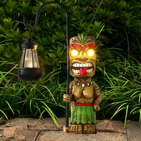 MIBUNG Upgraded Tiki Decor Garden Statue, Large Tiki Figurine with Solar Lantern Lights, Hawaiian Tropical Tiki Man Warrior, Tiki Dude, Tiki Torch, Outdoor Patio Yard Lawn Bar Party Beach Decoration Solar Lantern Lights, Tiki Man, Tiki Statues, Tiki Decor, Tropical Backyard, Halloween Christmas Decorations, Hawaiian Tiki, Large Lanterns, Small Fountains