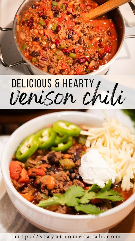 This hearty venison chili recipe is the perfect, cozy meal for a cold winter night. Packed with all of the nutrients of game meat, vegetables, beans and homemade bone broth, this healthy meal is perfect with some delicious sourdough cornbread. Healthy Venison Chili, Crockpot Venison Chili Recipe, Best Venison Chili Recipe, Simple Venison Recipes, Venison Chili Recipe Easy, Venison Chili Recipe Crockpot, Venison Chili Crockpot, Deer Meat Chili Recipe, Deer Chilli Recipe