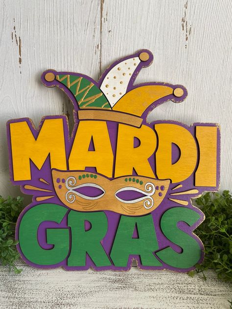 Coloring Mask, Tabletop Shelf, Ornament Tags, Mardi Gras Decorations, Painted Wood Signs, White Gifts, Street Signs, Shelf Sitter, Yellow Purple