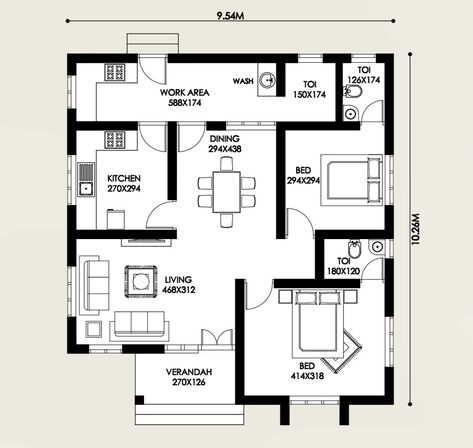 House Plan Kerala, Square House Plans, Budget House Plans, 30x40 House Plans, 2bhk House Plan, Three Bedroom House Plan, Kerala House, Bungalow Floor Plans, Indian House Plans