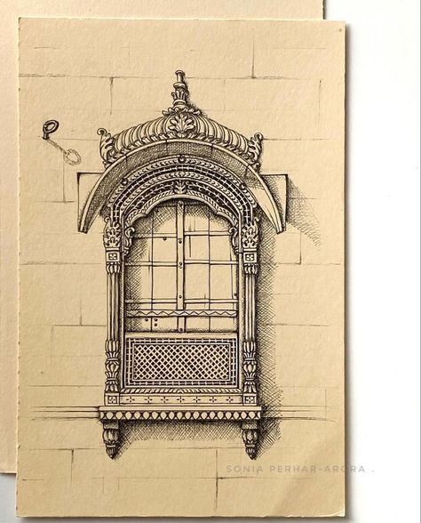 #jaisalmer #window #architecture #inkart Pointalism Art, Window Sketch, Micron Pen Art, Arab Style, Nepal Art, Fineliner Art, Ancient Drawings, Window Architecture, Window Drawing