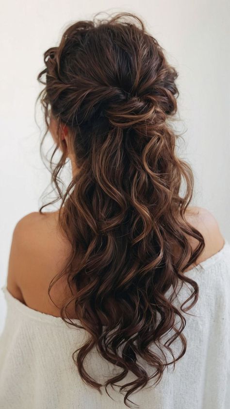 cute work hairstyles easy updo curly hair Curly Braided Half Up Half Down, Half Curly Updo, Hairstyles For Semi Curly Hair, Wedding Updo For Curly Hair, Curly Hair Styles Half Up, Fall Wedding Hairstyles Bridesmaid, Simple Hairstyles For Homecoming, Formal Hairstyles Curly Hair, Half Updo Curly Hair