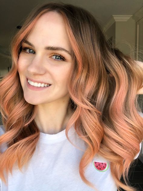 Peach hairpastel hairsummer hair Peach Hair Color Balayage, Peach Pink Balayage, Curly Peach Hair, Peachy Coral Hair, Brown And Peach Hair, Peach And Brown Hair, Peach Hair Balayage, Peach Hair Ombre, Blorange Hair Balayage