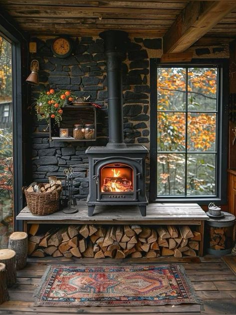 Firewood Under Stairs, Corner Fireplace With Woodstove, Wood Storage Under Fireplace, Adding A Wood Burning Stove, Wood Stove Surround Corner Stone Walls, Hearth With Wood Storage, Brick Wood Stove Surround, Corner Wood Stove Ideas, Modern Wood Stove