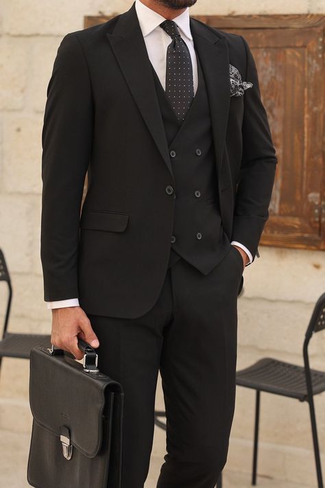 Embrace the power of tailoring with our Black Slim-Fit Suit 3-Piece. The slim-fit silhouette and classic black color make it a wardrobe essential for the modern man. Step into meetings and special occasions with confidence and impeccable style.  #blacksuit #suit #suits #menattire #menstyle #slimfit #formallook Black Three Piece Suit, Blazer Waistcoat, Double Breasted Suit Men, Suit Styles, Double Breasted Tuxedo, Suit Stores, Slim Fit Suit Men, Formal Men Outfit, Black Attire