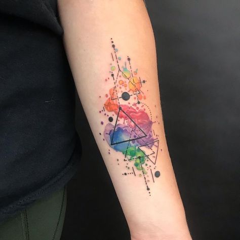 Light Prism Tattoo, Water Paint Tattoo, Prism Tattoo, Tattoo Watercolour, Loki Tattoo, Geometric Watercolor Tattoo, Chemistry Tattoo, Rainbow Tattoo, Watercolour Tattoo