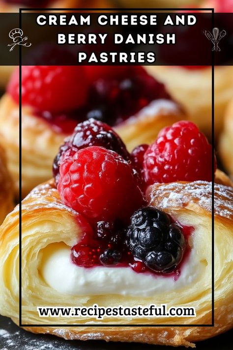 Delight in these flaky and delicious Danish pastries filled with creamy cheese and sweet berry preserves, perfect for brunch or a delightful dessert. Berry Danish Puff Pastry, Raspberry Cheese Danish, Cheese Danish Filling, Berry Danish, Fruit Danish, Raspberry Danish, Breakfast Danish, Cream Cheese Puffs, Danish Dessert