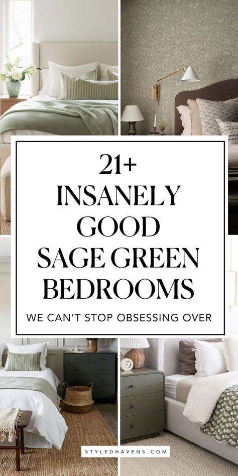 Searching for modern sage green bedroom ideas? It's no secret that sage green bedroom spaces are trending in 2025, and these cozy bedroom spaces are a MUST-SEE when it comes to bedroom design and bedroom style. (SAVE to your bedroom inspo board for when you're ready to plan your bedroom makeover or refresh!) 2024 Bedroom Trends, Sage Green Bedroom Ideas, Light Green Bedrooms, Sage Color Palette, Green And White Bedroom, Sage Bedroom, Moody Bedroom Ideas, Fall Bedroom Ideas, Green Bedroom Design