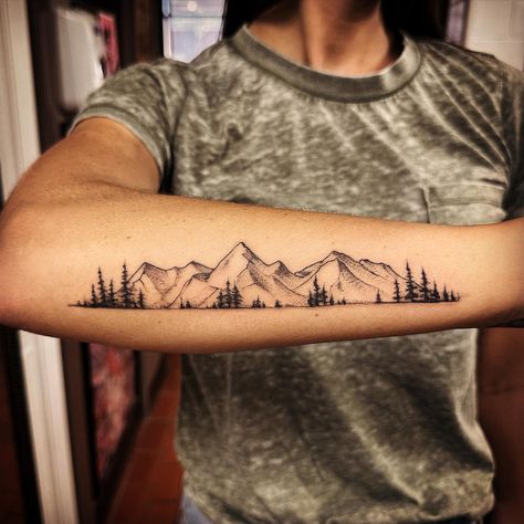 Mountain Tattoo Ideas, Moutain Tattoos, Small Mountain Tattoo, Berg Tattoo, Tree Silhouette Tattoo, Outdoor Tattoo, Mountain Range Tattoo, Sky Tattoos, Cuff Tattoo