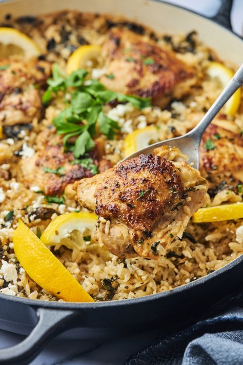 One Pan Greek Chicken and Rice | Olive & Mango One Pot Greek Chicken And Rice, One Pan Greek Chicken, Greek Chicken And Rice, One Pot Chicken And Rice, Spinach Rice, Lasagna Pasta, One Pan Chicken, Lunch Appetizers, Greek Flavors